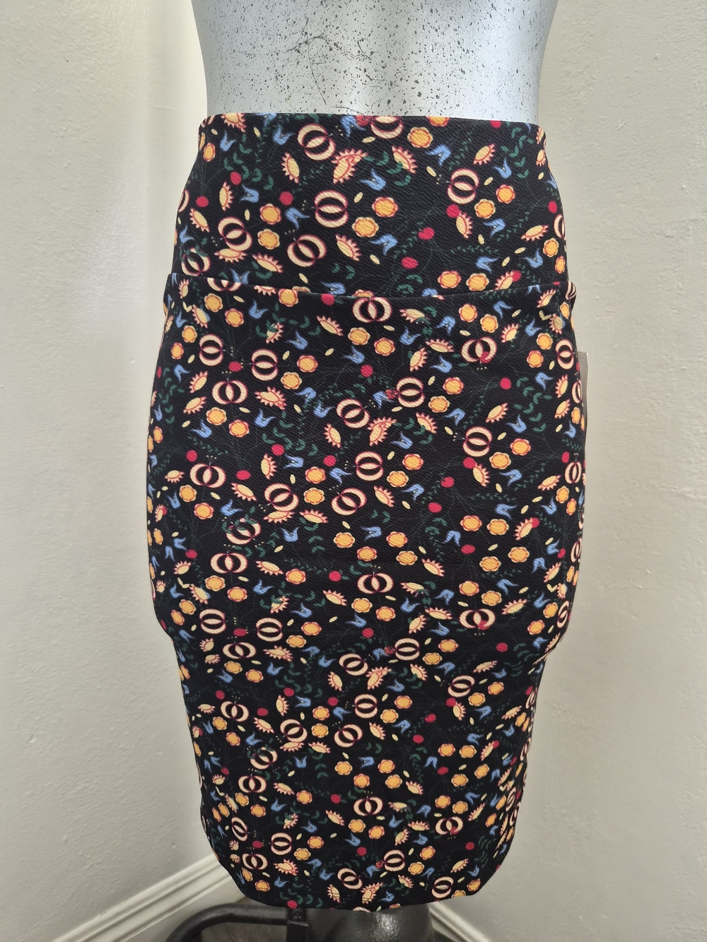 LuLaRoe Black Floral Dot Pencil Skirt with Yellow & Blue Accents